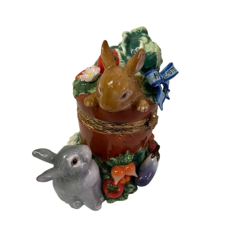 CWC Happy Easter Bunnies Spring Decor Hinged Porcelain Trinket Ring Box 6 x 4.5"
